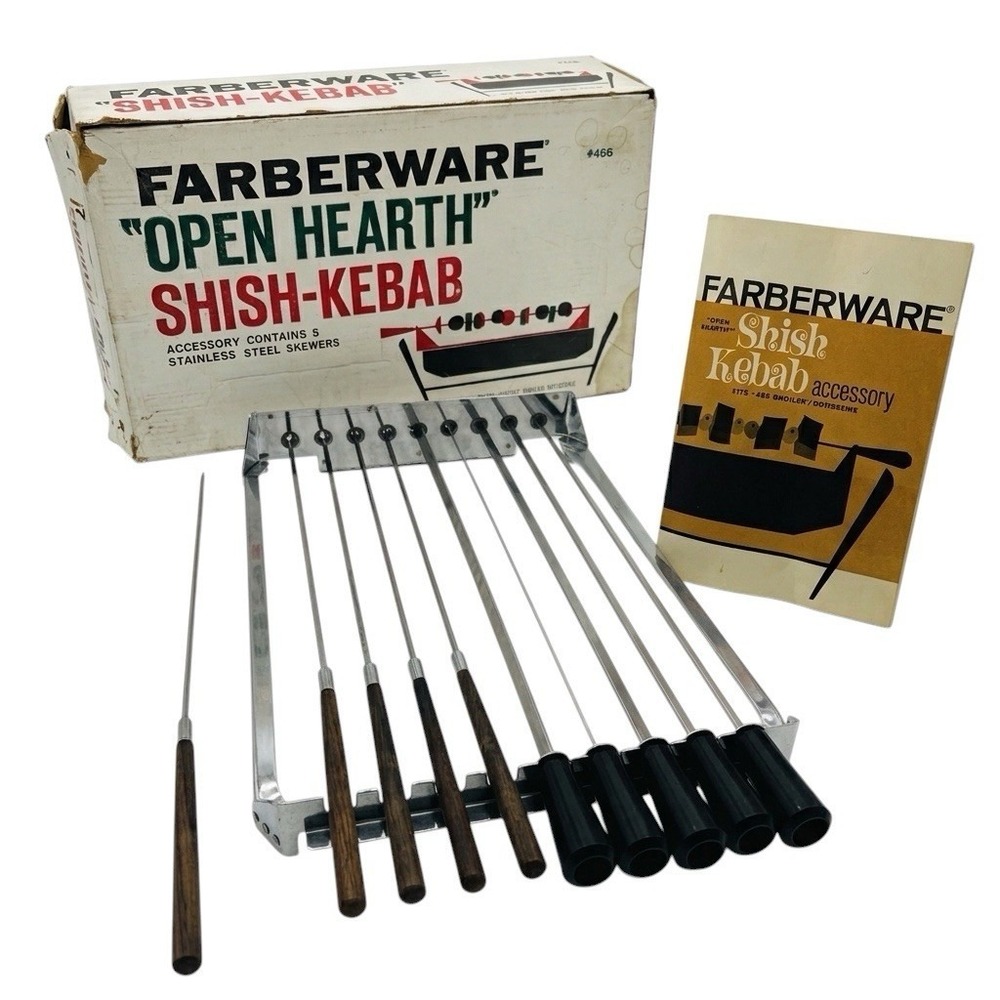 MCM Farberware Open Hearth Shish-Kebab Set 456 + 5 Extra Teak Wood Skewers Japan